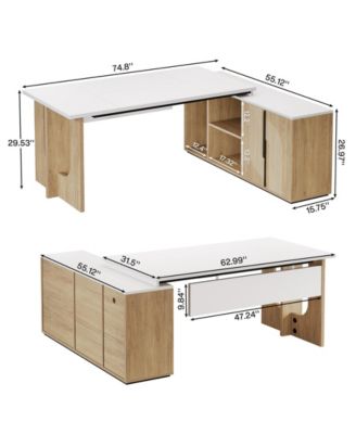 Large Executive Desk, 74.8 Inch L Shaped Computer Desk with Shelves and CPU Storage, Modern Workstation Set, White and Wood