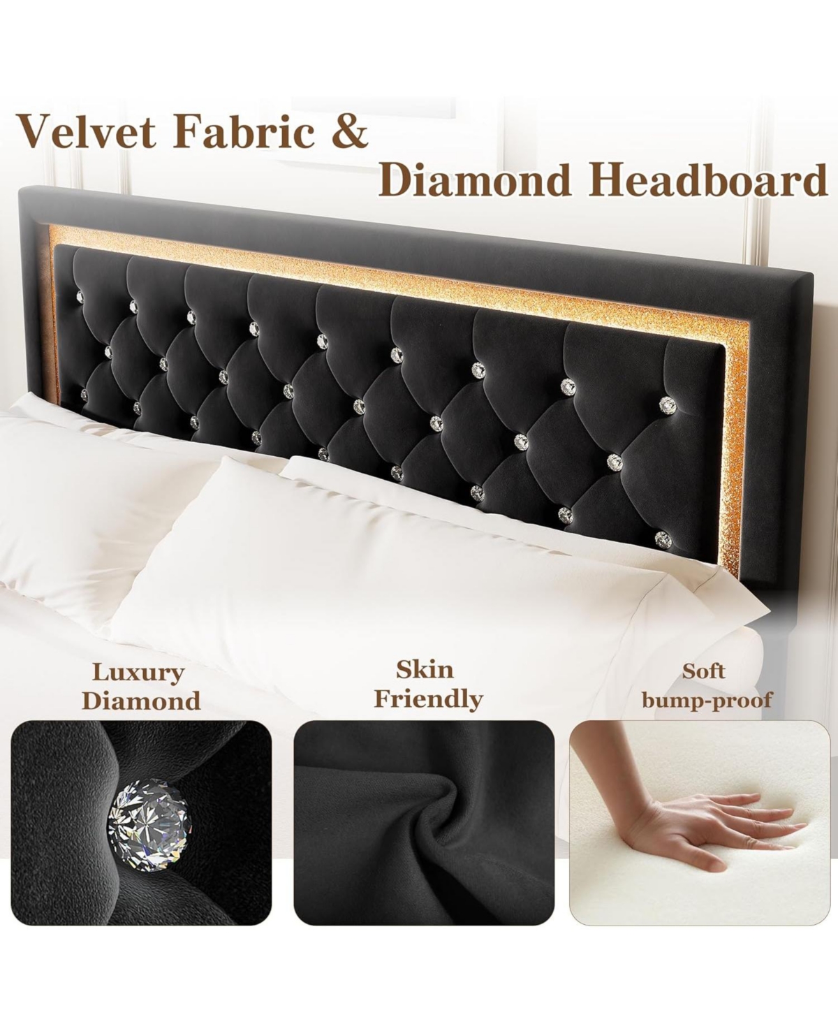 gaomon Floating Platform Bed Frame with Smart Led Lights, Upholstered Diamond Headboard, Wood Slat Support