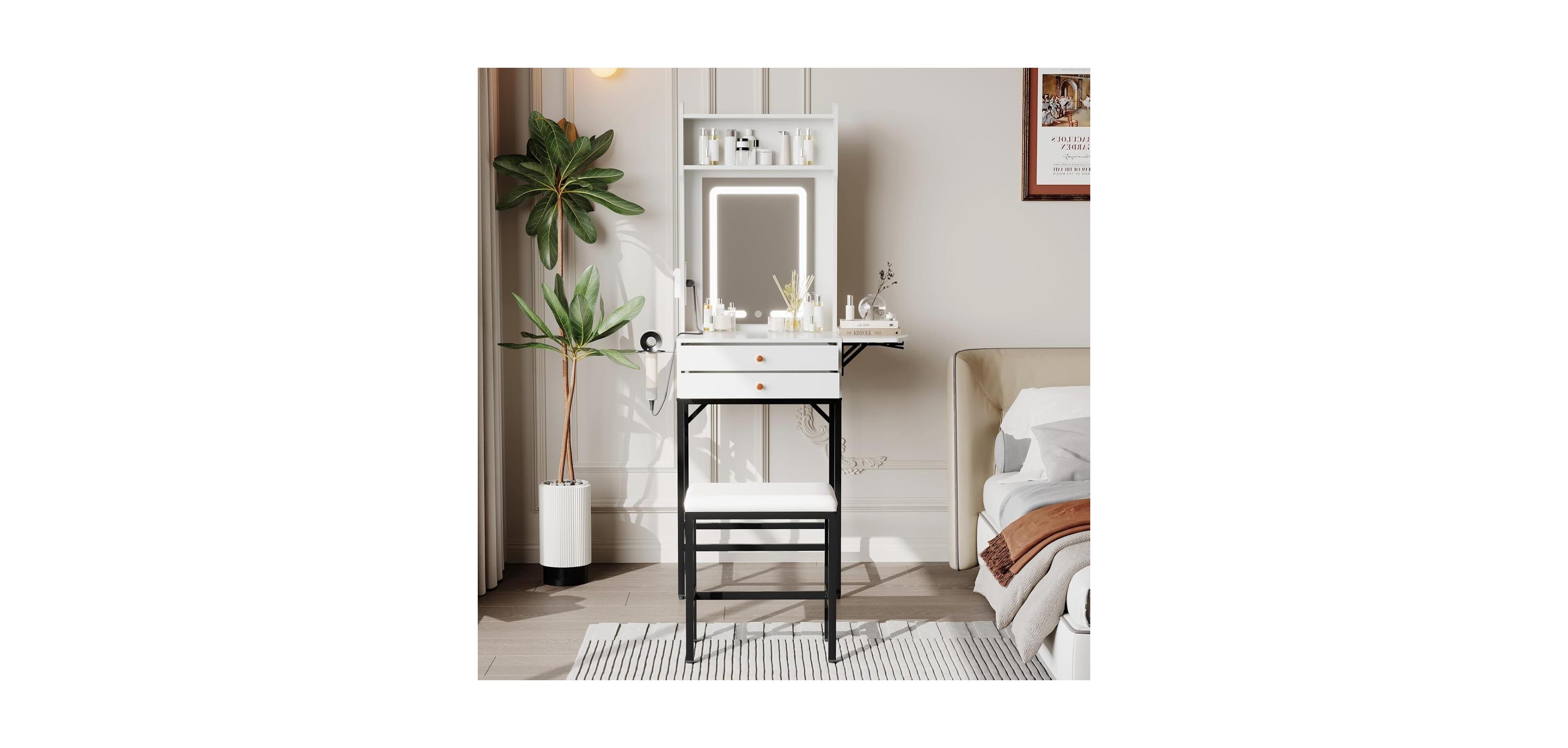 gaomon Compact Led Vanity Desk, Minimalist Lighted Makeup Table for Small Apartment Spaces