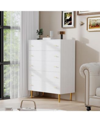 44" Tall Farmhouse 5-Drawer Dresser, Rustic Chest with Bar Handles