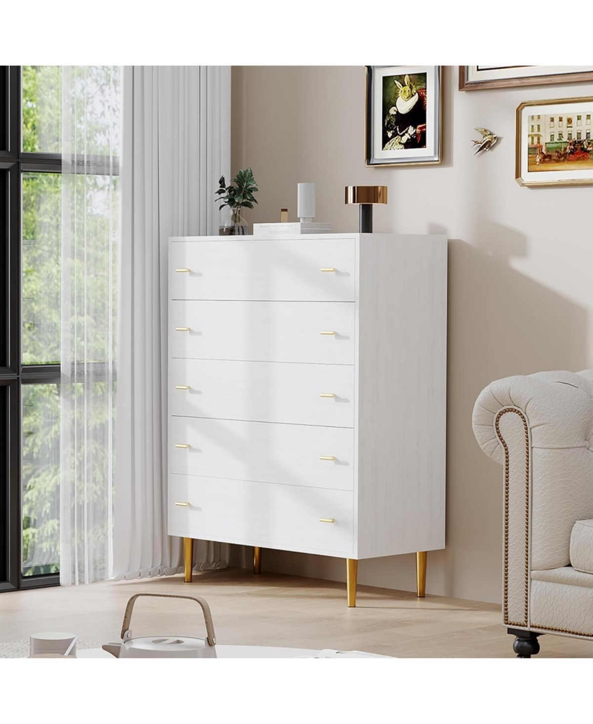 gaomon 44" Tall Farmhouse 5-Drawer Dresser, Rustic Chest with Bar Handles