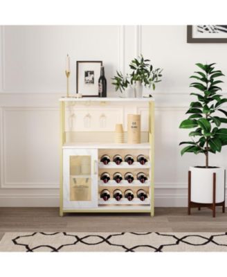 3-Tier Wine Bar Cabinet with LED Lights, Detachable Wine Rack, Glass Holder, and Mesh Door for Kitchen, Living Room, Bar.