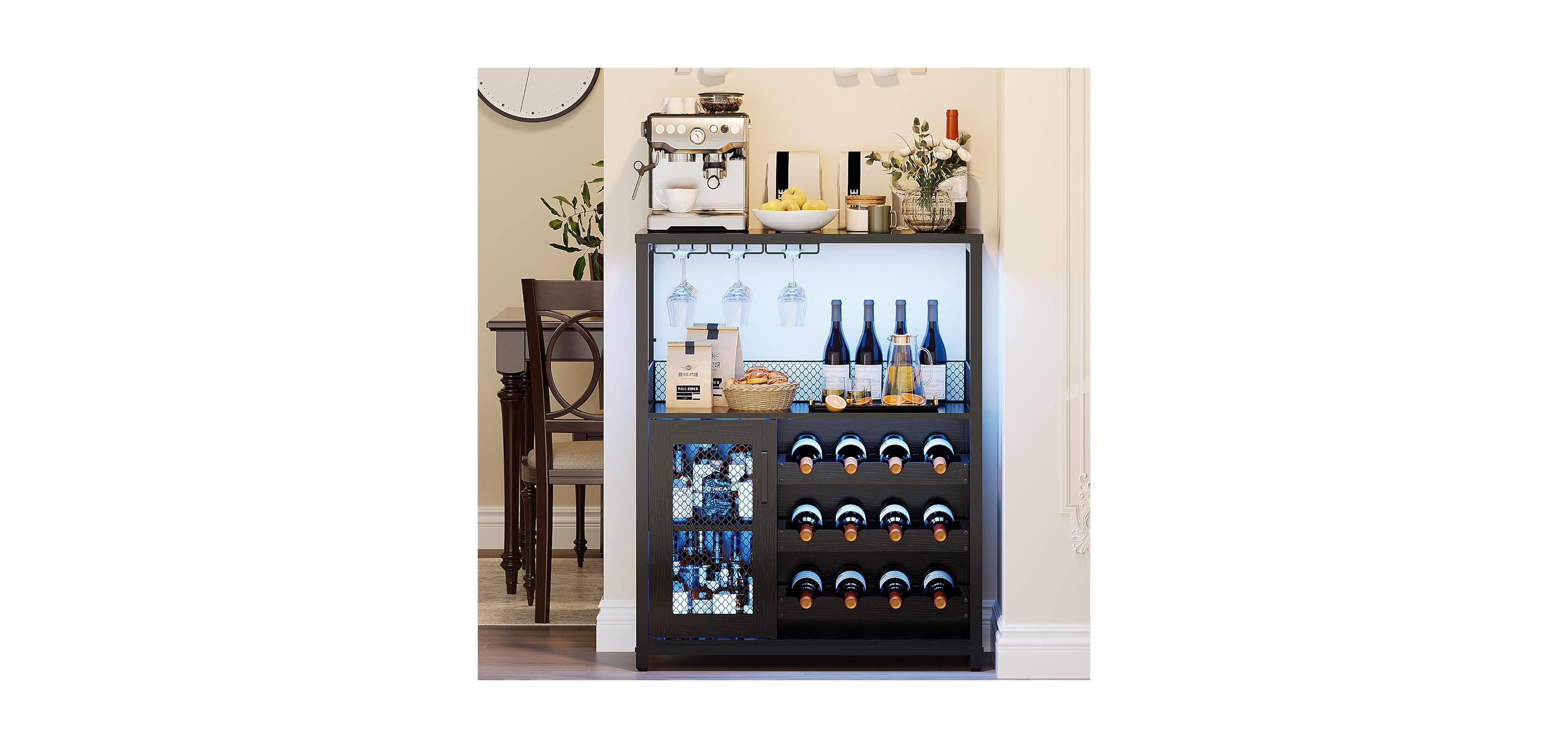 Gaomon 3-Tier Wine Bar Cabinet with Led Lights, Detachable Wine Rack, Glass Holder, and Mesh Door for Kitchen, Living Room, Bar.