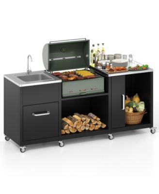 Heavy-Duty Outdoor Grill Table Cart with Sink and Drainage, Metal Prep Station