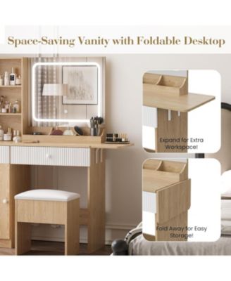 Natural Wood Foldable Vanity Desk, Lighted Mirror Makeup Table for Compact Living Spaces