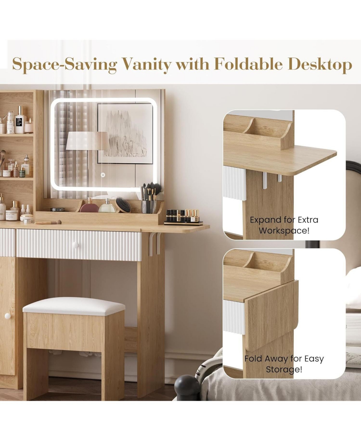 Gaomon Natural Wood Foldable Vanity Desk, Lighted Mirror Makeup Table for Compact Living Spaces