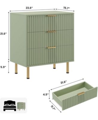 Green 3-Drawer Fluted Dresser, Stylish Nightstand with Deep Drawers & Wide Top