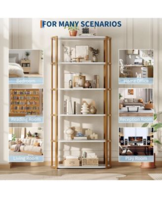 71" Industrial 6-Tier Wooden Bookshelf with Metal Frame, Large Open Storage Shelf for Living Room