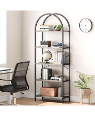Arched 5-Tier Modern Bookshelf, Gold Metal Frame Tall Wood Storage Shelf for Living Room Bedroom