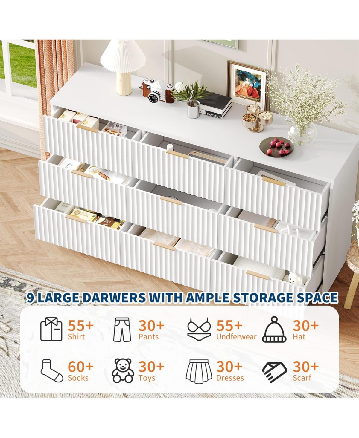 Gaomon 9 Drawer Dresser for Bedroom, Large Fluted Chest of Drawers, Wood Dressers Storage Organizer