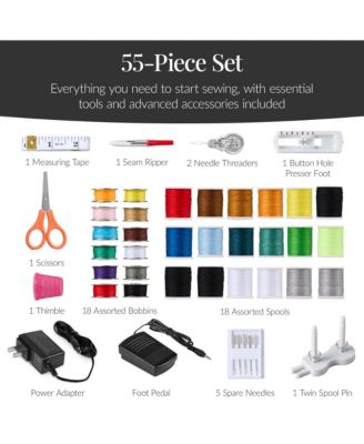 55-Piece Sewing Machine Kit for Beginners, w/ 16 Stitch Patterns, Double Stitching