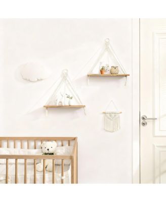 Boho Macrame Hanging Shelves Set of 2 – Rustic Wood Wall Decor for Minimalist Homes