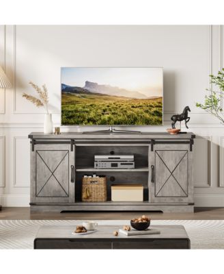 59" Farmhouse TV Stand for 65" TVs, Media Console with Sliding Barn Doors & Adjustable Shelves