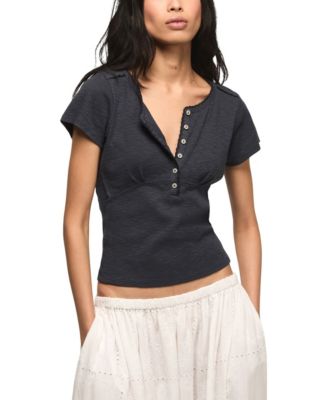 Women's Crochet Trim Short-Sleeve Henley Top