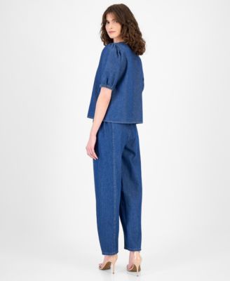 Women's Cotton Gathered Denim Blouse & Cotton High-Rise Wide-Leg Jeans