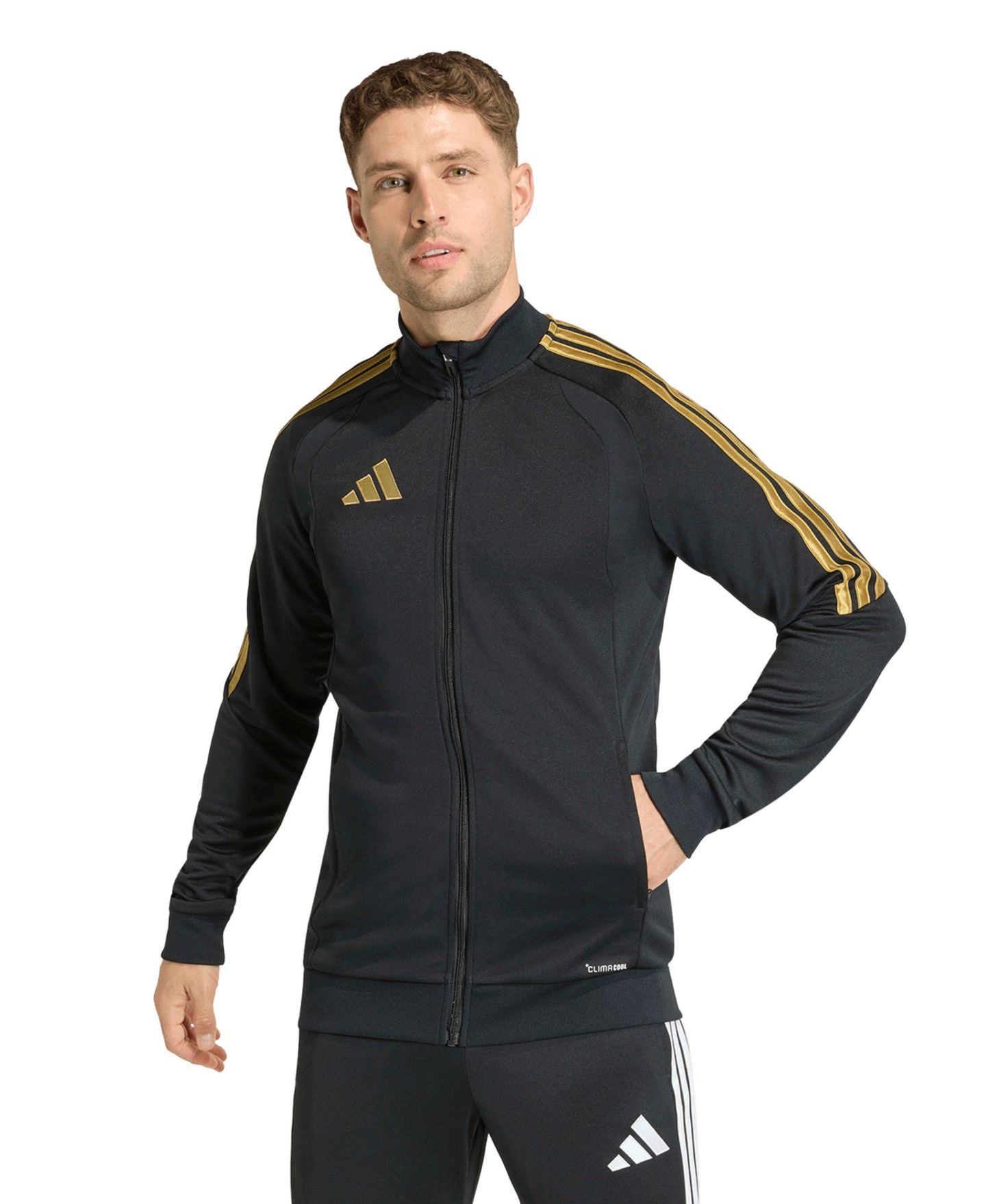 Мужская куртка adidas Metallic Tiro 26 League Stand-Up Collar Training, цвет: Чёрный / Золотой — фото 1