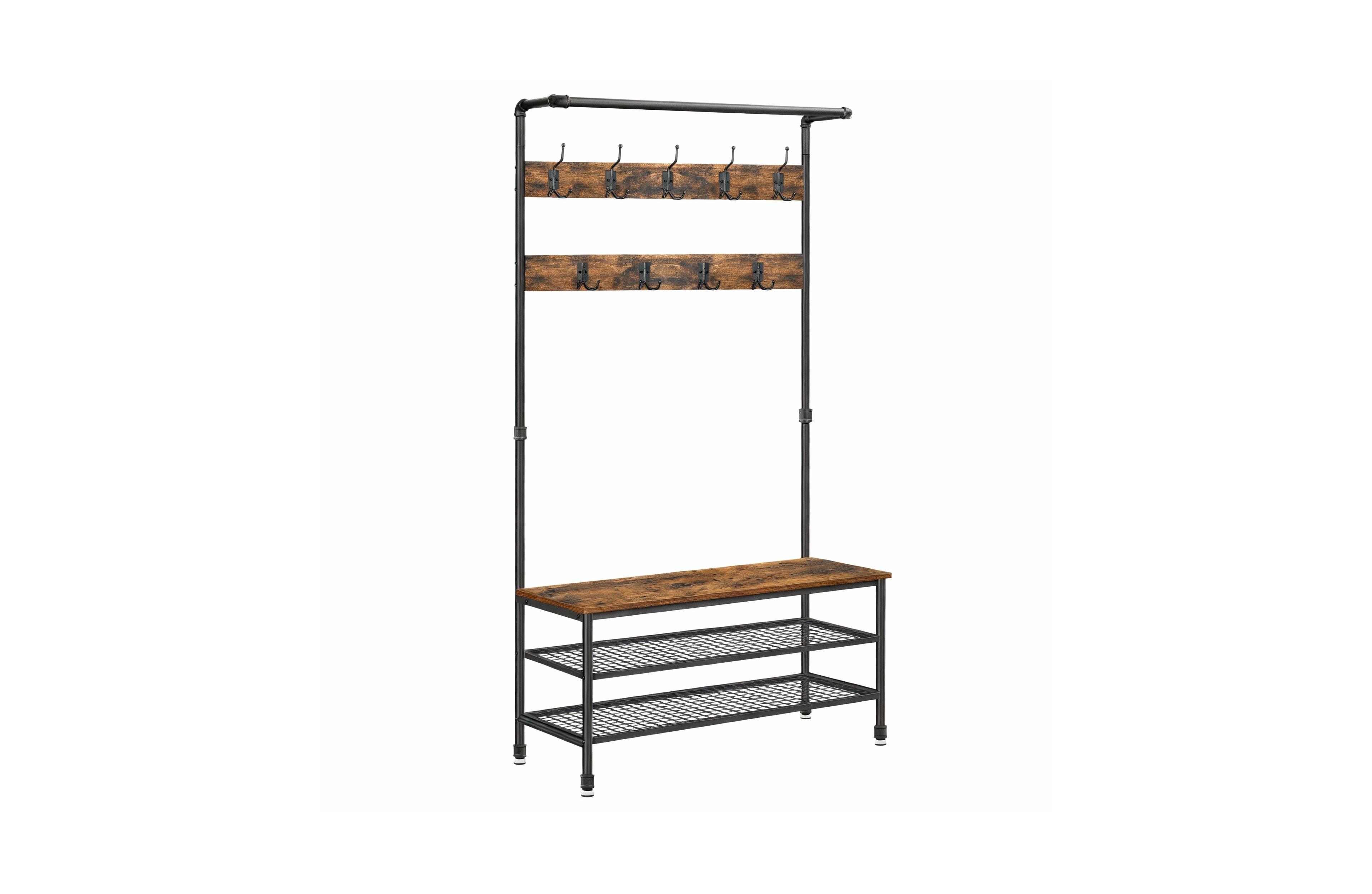 Yigii Rustic Industrial Hallway Storage Bench with Hooks and Shelves