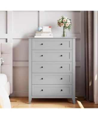 Grey 5 Drawer Dresser for Bedroom, Tall Dresser with Deep Drawers & Metal Knobs, Modern Wooden Chests of Drawers for Entryway