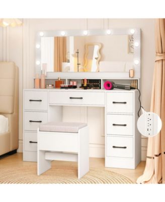 Makeup Vanity Table with Mirror and Lights, Power Outlets, Bedroom Dressing Desk