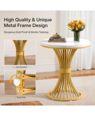 Round End Table, Modern Faux Marble Side Table with Gold Metal Base, Small Bedside Nightstand, Wooden Accent Table