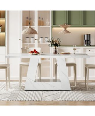 63" Dining Table for 4 to 6 People, Rectangular Dining Room Table, Modern Wooden Faux Marble Dinner Table with Sturdy Base