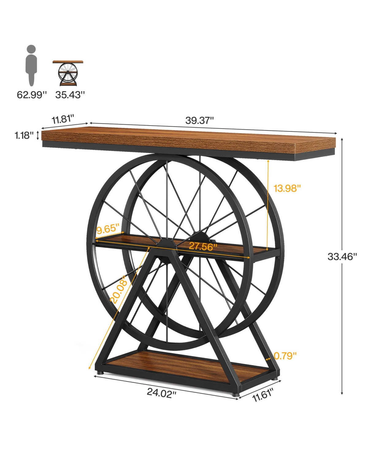 Tribesigns Industrial 3-Tier Console Table, 39.4" Sofa Table Entryway Table with Fixed Wheel Base, Narrow Wood Accent Tables