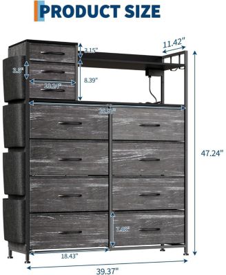 11 Drawer Dresser with Fabric Drawers Storage Cabinet with Shelves Side Pockets Hooks Charging Station