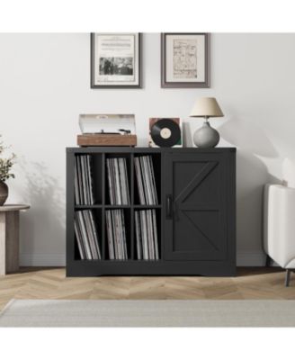 Farmhouse Record Player Stand with Barn Doors, 39.4" Turntable Table with Shelves