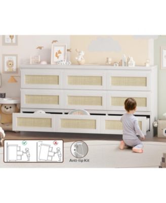 Rattan 9 Drawer Dresser with Charging Station, Farmhouse Chest of Drawers, Wide Closet Dresser Storage Organizer for Bedroom, Living Room