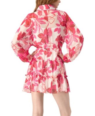 Women's Short Floral Print Shirt Dress with Long Sleeves
