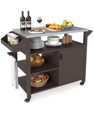 Outdoor Grill Cart with Storage Cabinet Shelves and Stainless Steel Top-Brown