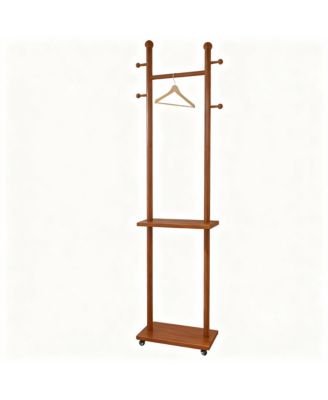 Solid Wood Walnut Coat Rack with Wheels & Shelves for Home