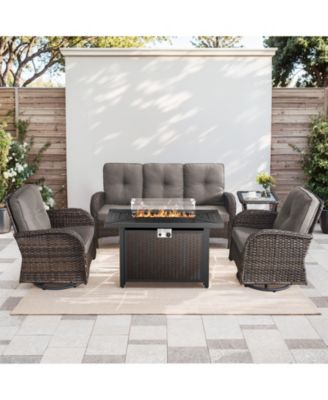5-Piece Brown Wicker Fire Pit Conversation Set with Olefin Cushions and Patio Swivel Chairs