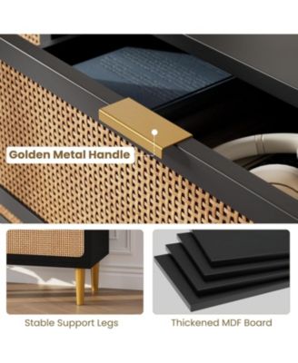 Black Modern Rattan 5-Drawer Dresser, Deep Storage & Wide Top for Bedroom