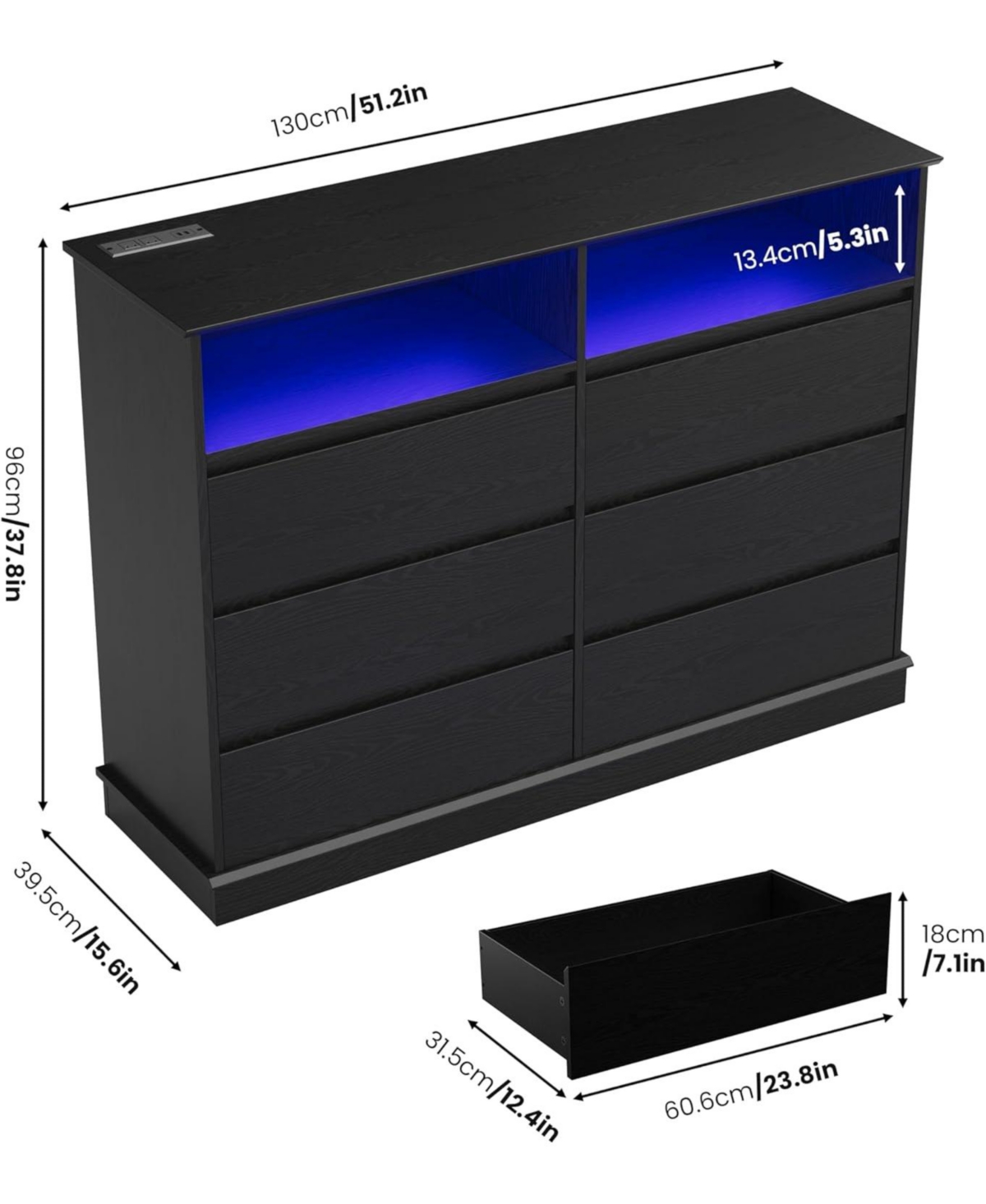 gaomon 6 Drawer Dresser for Bedroom with Led Lights & Charging Station