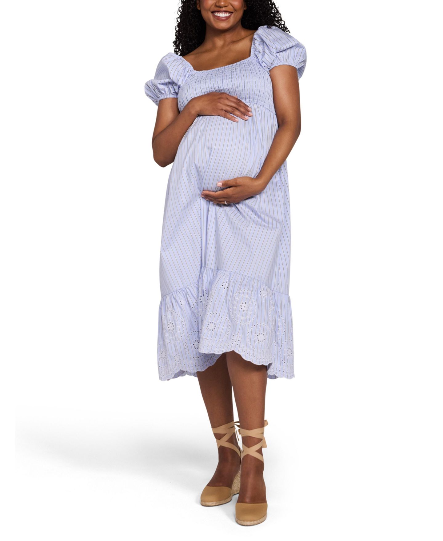 Женское платье Motherhood Maternity Motherhood Smocked Bodice with Puff Sleeves Midi, цвет: Синий / Белый — фото 4