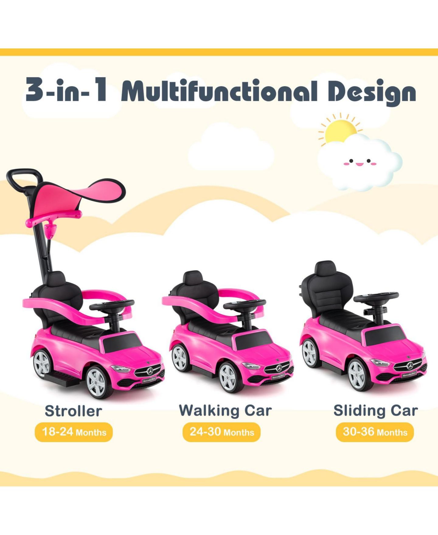 Детская игрушка Mecale 3-in-1 Mercedes-Benz Licensed Ride-On Push Car, Ages 18-36 Months, цвет: Розовый — фото 4