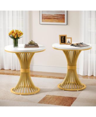 Round End Table Set of 2, Modern Faux Marble Side Table with Gold Metal Base, Small Bedside Nightstand, Wooden Accent Table