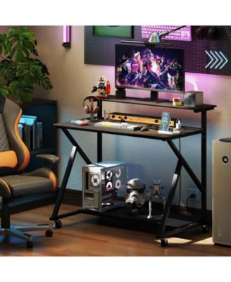 Rolling Computer Desk with Charging Station and Monitor Shelf, Home Office Storage Desk