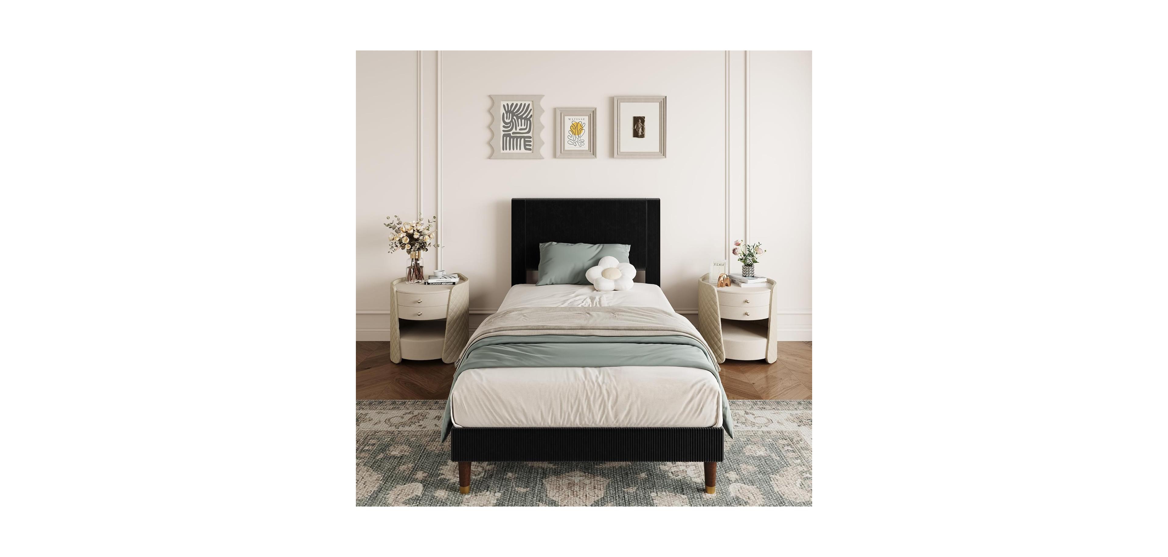gaomon Full Platform Bed Frame with Headboard, Corduroy Upholstered Bed, Wooden Slats Support, Noise-Free Easy Assembly