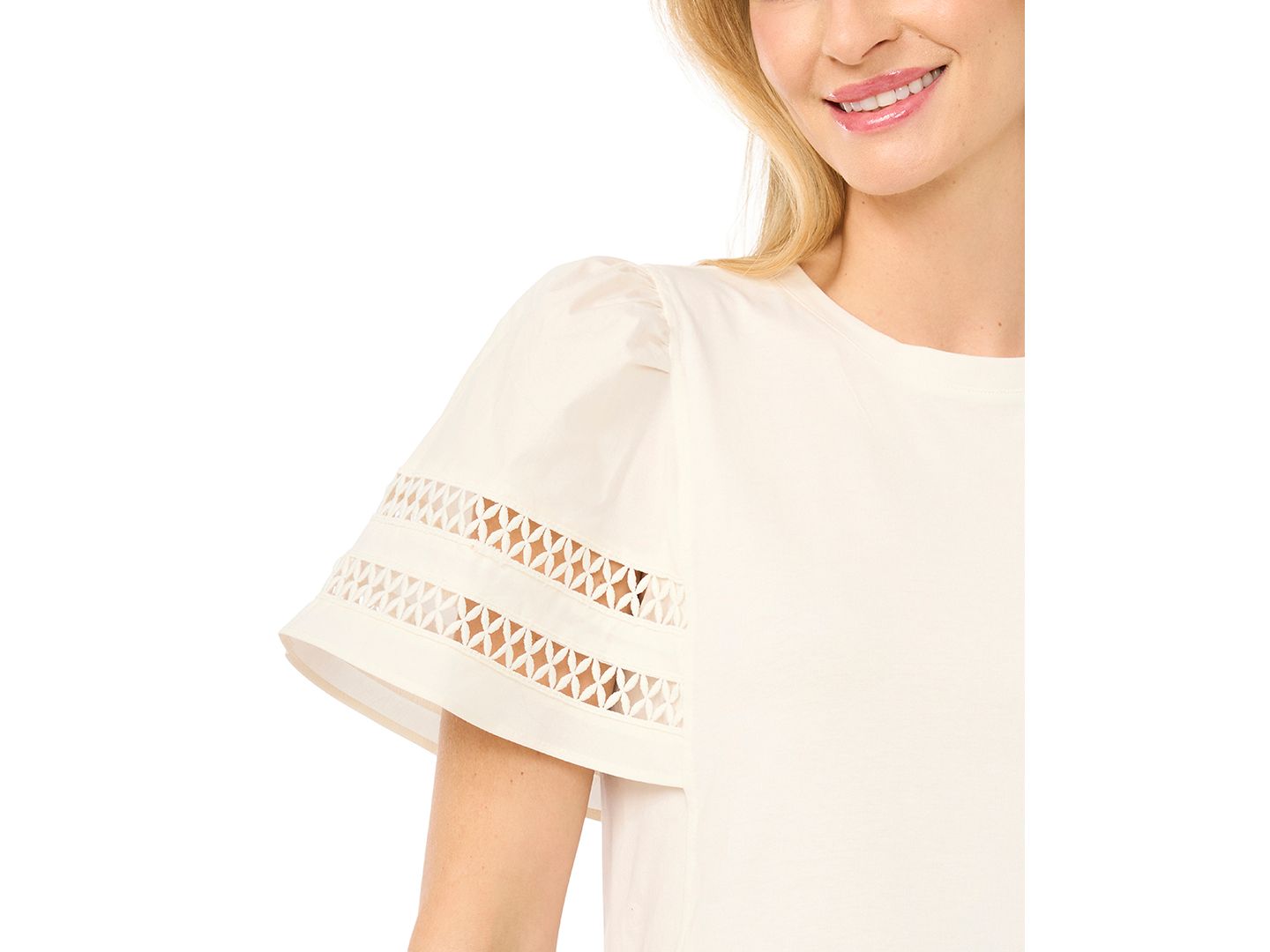 Женский топ CeCe Combo Trim-Sleeve Crew Neck, цвет: Слоновая кость — фото 2