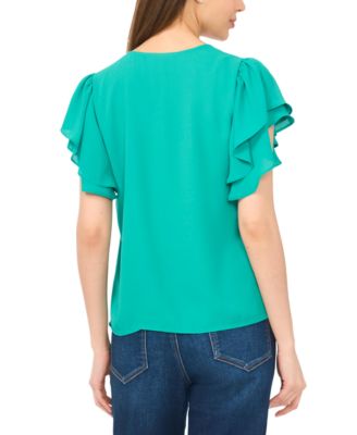 Women's V-Neck Double Flutter Sleeves Top