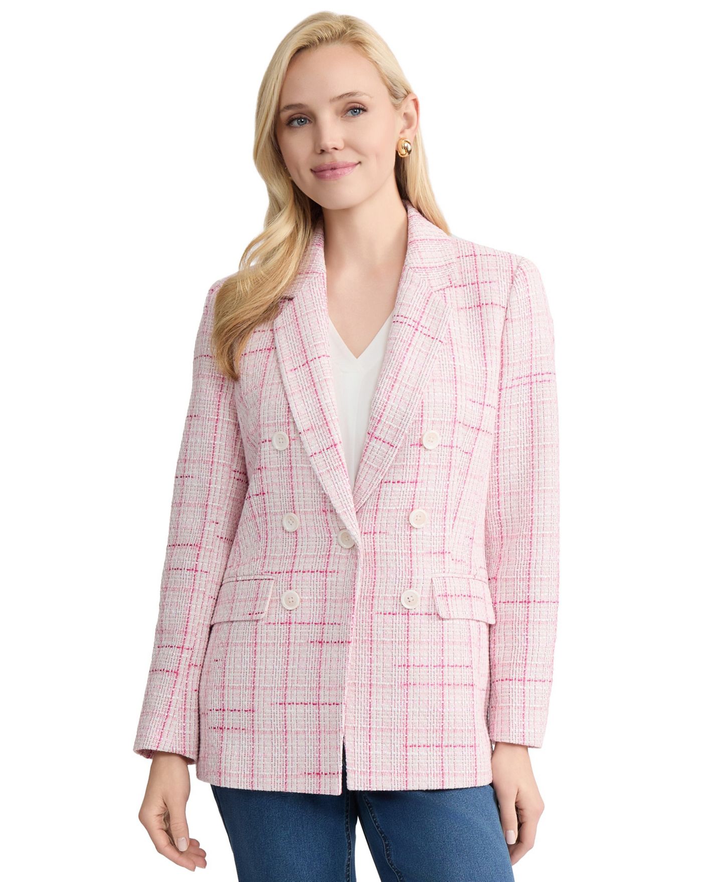 Женская куртка Jones New York One-Button Notch Collar Tweed, цвет: Розовый разноцветный — фото 1