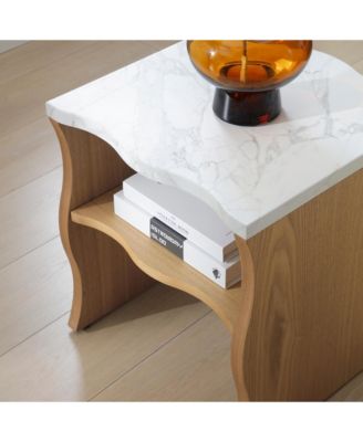 17.72 Inches Whisper of Waves Modern End Table with Storage Shelf and Faux Marble Top