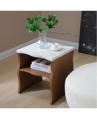 17.72 Inches Whisper of Waves Modern End Table with Storage Shelf and Faux Marble Top