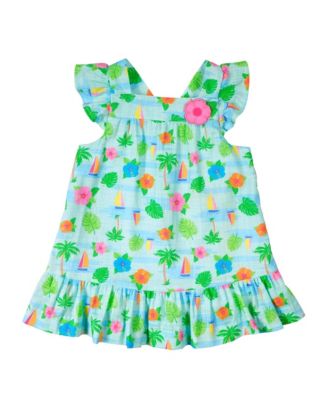 Baby Girl Printed Linen Look Dress With Flower