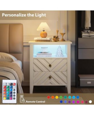 LED Night Stand with 2 Storage Drawers and Stable Wooden Legs，Farmhouse Nightstand w/V-Shaped Design，Wooden Rustic Bedside Table (2, White