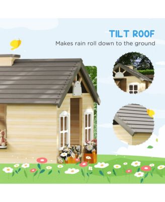 Wooden Outdoor Playhouse with Door Windows and Bench