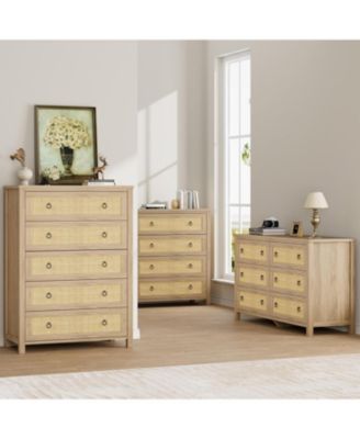 5 Drawer Tall Dresser for Bedroom, 45 in Rattan Dresser, Boho Chest of Drawers, Wooden Chest with Clothes Storage Cabinet