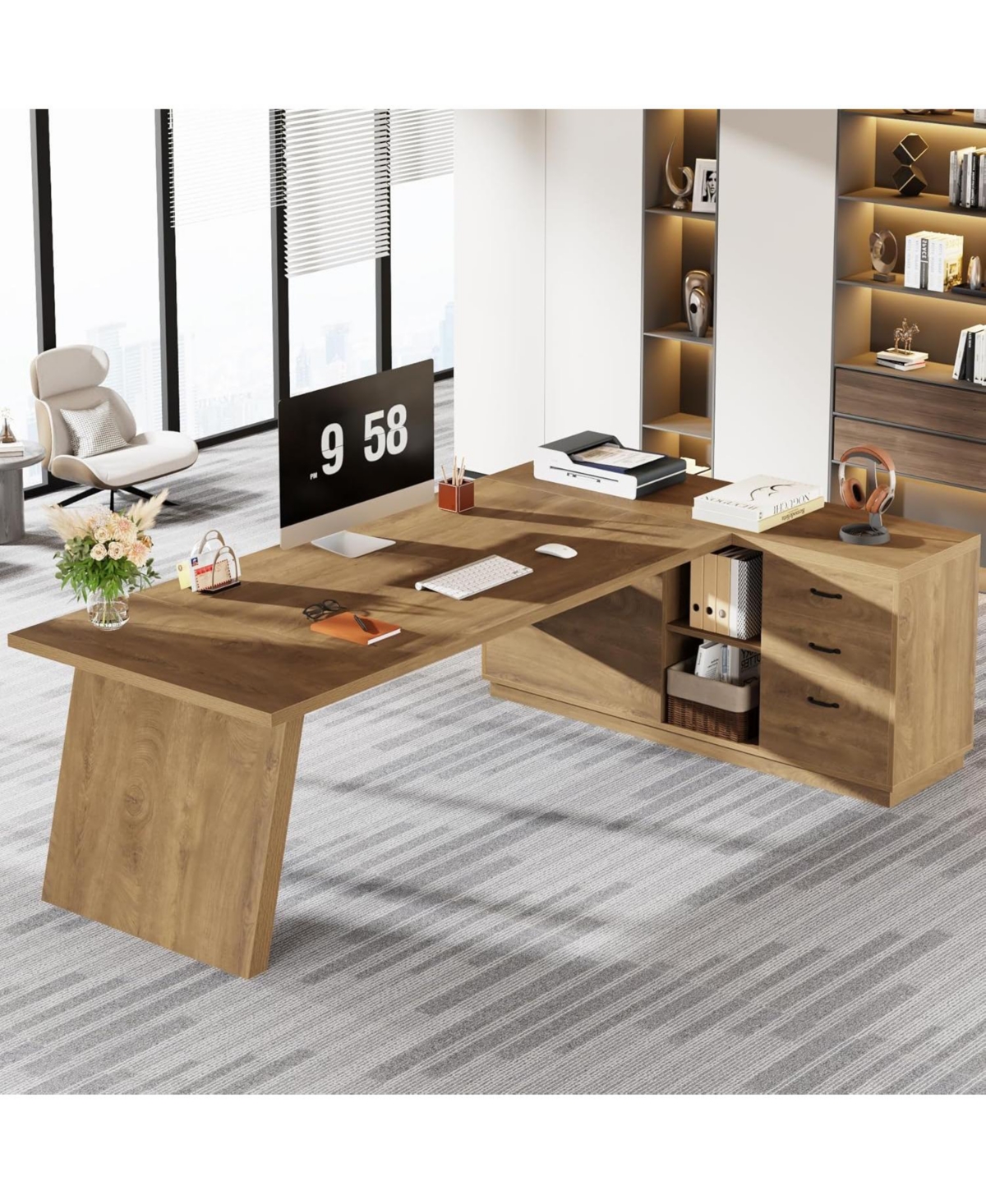 Tribesigns 78" L-Shaped Executive Desk, with Drawers and Lateral File Cabinet